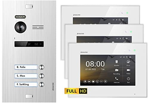 Nonic Balter EVO HD Silber/Weiß Video Türsprechanlage Set für 3 Familienhaus (1x Türstation mit Full HD-Kamera, 3X Touchscreen 7 Zoll Monitor, 2-Draht Bus, 175° Weitwinkel, Türöffner)