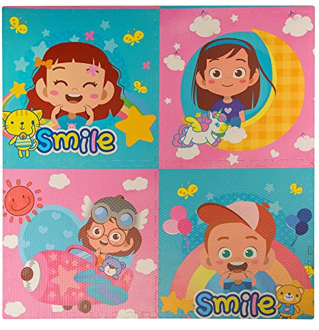 Tappeto Tappetino Mattonella Puzzle Morbido 60x60x1 cm Per Bambini Giardino Piscina (Conf. 4 pz - Mod. Smile)