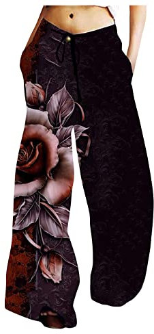 Chino Hose Damen Stretch Stoffhose Damen Elegant Kurze Sporthose Damen Low Waist Rose Druck Palazzo Hose Tunnelzug Wide Leg 7/8 Hosen Mit Taschen Elastische Taille Weite Hose Cordhose Damen