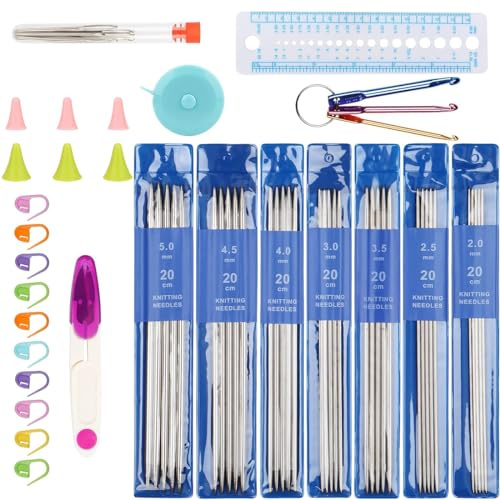 Aililong Set di 35 ferri da maglia a doppia punta 2,0 – 5,0 mm, in metallo, 20 cm, ferri da maglia corti dritti per calze, con accessori per maglieria