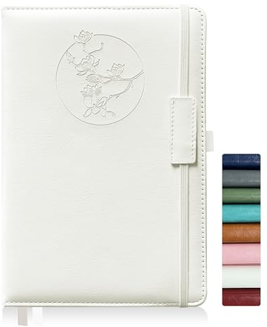 Qefuna Anteckningsbok Journal för kvinnor män, 256 sidor A5 inbunden läderjournal för arbete, fodrad journal/anteckningsbok med 100Gsm papper, pennhållare och innerficka 5,8×8,4（Vit）