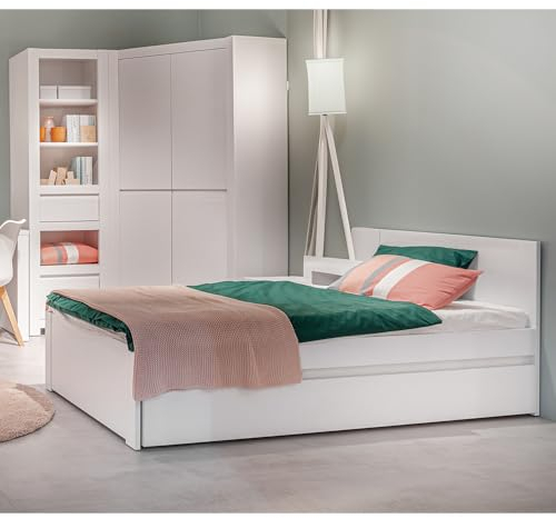 Lomadox Jugendzimmer Set weiß 4-teilig mit Eckkleiderschrank Regal Nachtschrank Bettgestell 120x200 cm mit Bettschublade