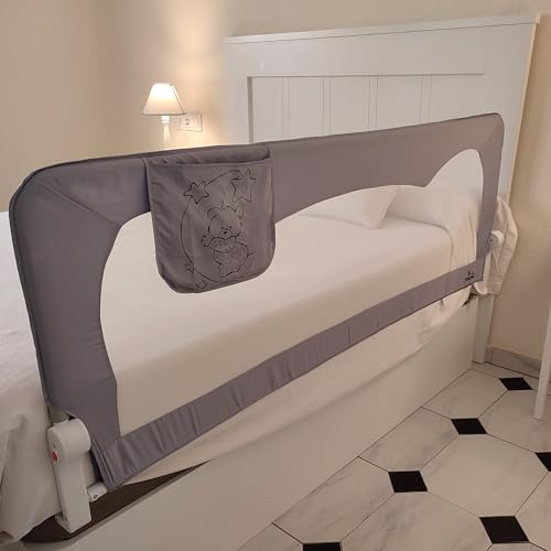 Mundibebé Sicherheitsgitter für Kinder, Bett 180 x 66 cm, mit Tasche, Sicherheit und Komfort, hoch und robust, ausziehbar, Bettgitter für Kinder, Modell Bär und Mond, Grau