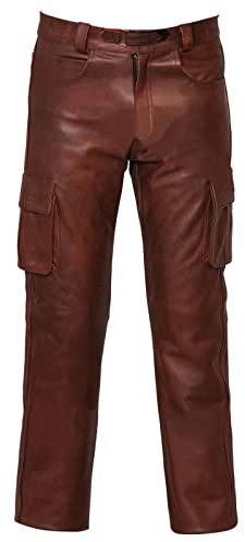 Gefomuofe PU Leather Trousers for Men Short Leather Jeans Leather Trousers Biker Jeans Rocker Jeans Motorcycle Trousers Side Laced Black Leather Trousers Motorcycle, E Brown, XL