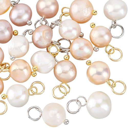PH PandaHall 20 Stück Naturperlen Anhänger Charm, Perlenanhänger, 6~9 mm, Perlen Mit Goldener/Edelstahlfarbener Schlaufe, Schmuckverbinder Für Die Herstellung von DIY Ohrringen Und Armbändern