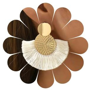 Inateannal Boucles d'Oreilles Pendantes à Pampilles en Éventail - Disque Rond, Fil Blanc, Circulaire Martelé pour Femmes et Filles