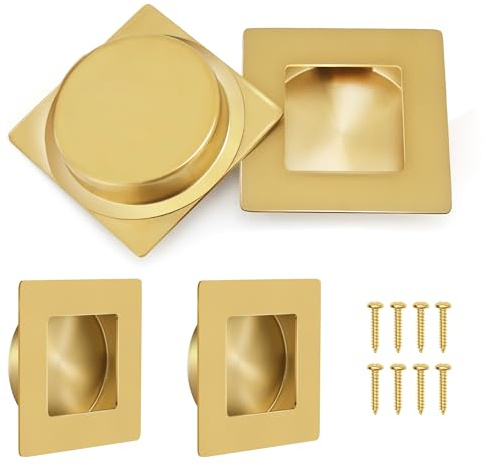 Malimali Paquete de 4 manijas de puerta corrediza empotradas, manijas cuadradas de 70 mm, herrajes de acero inoxidable para puerta de bolsillo, armario, cocina, puerta de armario (oro cepillado)