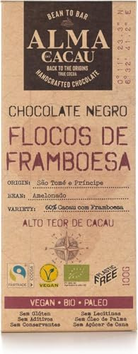 Chocolate 60% con Copos de Frambuesa - Kit de 2 Tabletas de 100 g - Producto Vegano, y Paleo - Proveniente de Santo Tomé y Príncipe - Sin Azúcar de Caña ni Aceite de Palma
