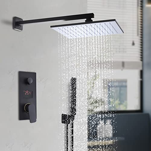 Unterputz Duscharmatur Set, Thermostat Duschsystem mit LED Digitalanzeige, Verstellbar Duschset aus Edelstahl und Kupfer mit 360 ° Drehbar Handbrause und Regendusche für Badzimmer (Schwarz)