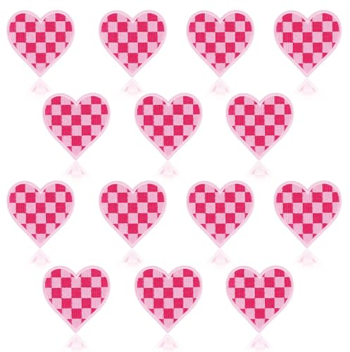 14stk Herz Flicken zum Aufbügeln, Herz Aufnäher zum Aufbügeln Western-Cowgirl Bestickte Herz-Applikationsflicken zum Reparieren von Jacken Jeans Hemden Trucker-Mützen, 6,2x6cm(Rosa)
