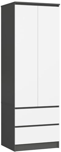 AKORD Kleiderschrank Star S | Zweitürig S 60 cm | 2 Schubladen mit Regalen und Einer Kleiderstange | für Kleiderschränke Schlafzimmer | laminierte Platte 16 mm | Graphitgrau & Weiß Front