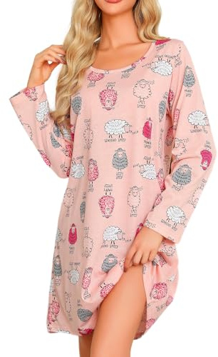 MIA LUCCE Camisón de manga larga para mujer, bonito estampado de dibujos animados, ropa de dormir suave para vestido de descanso