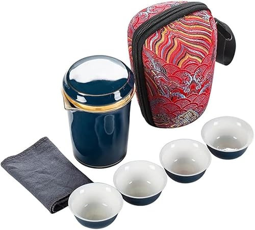 EPOTRDCV Chinesisches Teeservice aus Porzellan, tragbare Teeflasche aus Keramik mit tragbarer Tasche, Reiseteekanne, Teeservice, Keramiktasse