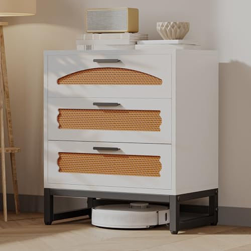 Mericonia 3 Drawer Rattan Dresser for Bedroom, Wood Dresser for Closet with Metal Handles, Small Boho Nightstand Sets, Dressers & Chests of Drawers for Bedroom, Hallway and Entryway, White