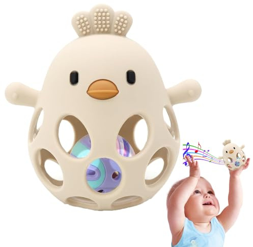 Silikon Hühnchen Beißring Baby, Montessori Beißring Rassel Babys, Baby Rassel Beißring Spielzeug Neugeborene Kleinkin, Silikon Hühnchen Baby Spielzeu (Ballfarbe Zufällig)