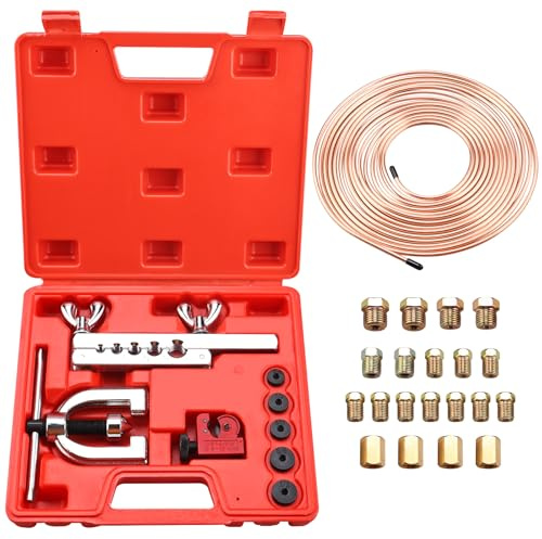 FreeTec Brake Line Flaring Tool, Tool Set for Expanding Brake Line Flares, 7.62m Ø 4.75mm Brake Line with 16 Fittings + 5 Connectors, Ideal for Hydraulic Car Brake Systems