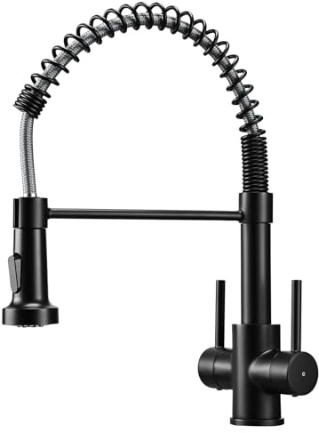 Peppermint Black Pull Out Kitchen Tap with Spray Head Dual Lever Spring | Solid Brass, High Arc 41CM 360° Swivel Spout, Kitchen Sink Mixer Taps 1 Hole Pull down, 2-Mode & Rag Crossbar, Easy DIY fit