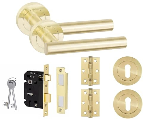 Golden Grace Straight T-Bar Door Handle Set & Mortise Lock, Key Lock Set | Includes 3-inch ball bearing hinges, matching keyhole escutcheon, and 64mm 3-lever lock with a sleek satin brass finish.