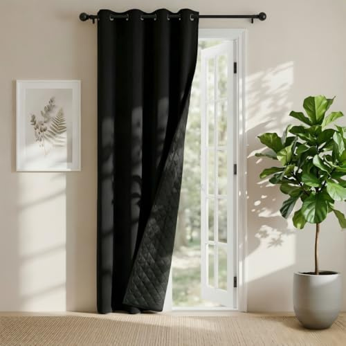 PONY DANCE Thermal Door Curtain - 100% Blackout Eyelet Double Layer Drape with Quilted Lining, Winter Front Door Cold Blocker for Living Room, 55x84 Inch Drop (140x213 cm), Black, 1 Panel