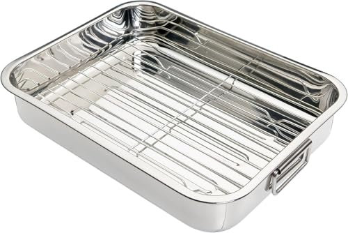 GRACE KITCHEN Cookware - 7L Stainless Steel Roasting Tin with Rack – Roasting Tray with Folding Handles – Oven, Freezer & Dishwasher Safe