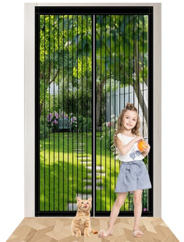 Magnetic Door Curtain 130 x 178 cm No Drilling Door Fly Screen Curtain Stronger Magnets for Windows Doors Patio, Black