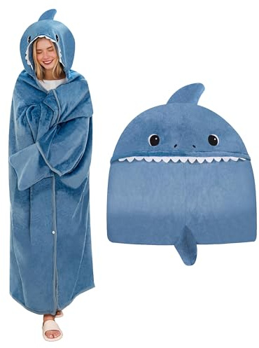 SQEQE Hai Tragbare Decken mit Kapuze und Handschuhen Shark Hoodie Decke Sofadecke Cartoon Kuscheldecke für Damen und Herren 150x130cm
