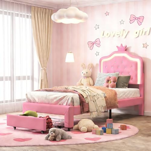 FEEOHOME Barnsäng 90 x 200 cm, prinsesssäng med ribbotten, sängram med LED och lådor, för flickor och barn med sängram för ungdomar, Rosa PU