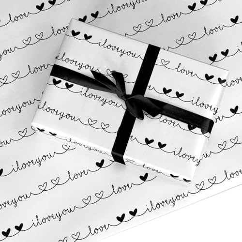 I Love You Wrapping Paper Gift Wrap – Romantic Script Design in Black & White – For Valentine’s Day, Anniversary, Wedding, Engagement – Recyclable by Dyefor (White, 2 Sheets (50 x 70cm))