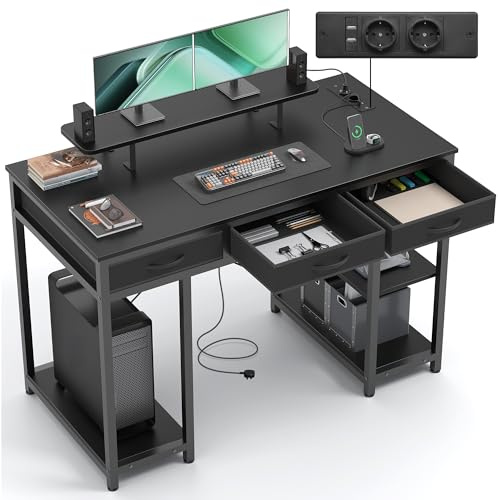 Claiks Computertisch mit 3 Schubladen, 120 x 60 cm Schreibtisch mit Regal, Tisch mit 2 Steckdosen und 2 USB-Ladeanschlüsse, Bürotisch PC-Tisch für Home Office, Wohnzimmer, Schwarz