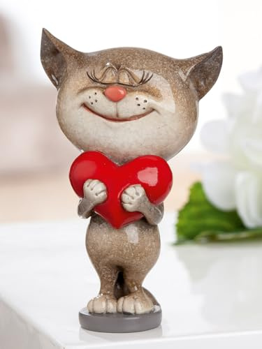 MF LoveKitty Dekofigur Katze mit Herz, 13 cm, Grau-Rot, Polyresin