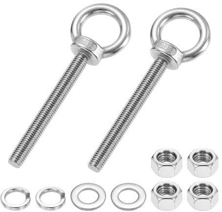 PATIKIL M12 x 100mm Eye Bolt, 2Pcs 304 Stainless Steel Thread Lifting Ring Set Shoulder Eyebolt with Lock Nuts Flat Washers for Hanging Hammocks Articles, Silver