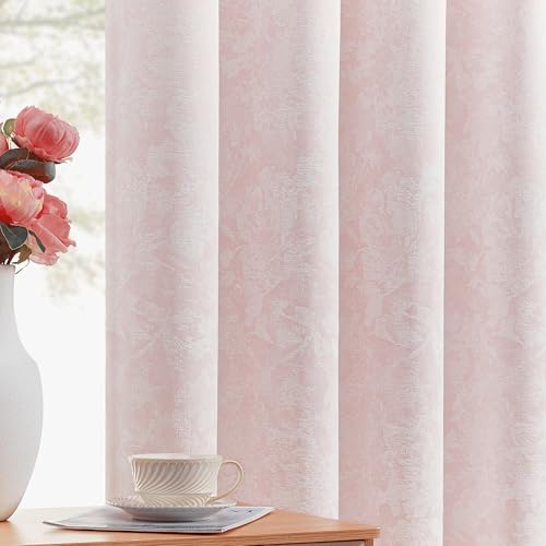Beauoop Pink Floral Jacquard Blackout Curtains for Bedroom 52x72 2 Panels | Flower Room Darkening Drapes for Living Room Eyelet curtains 72 drop Thermal Insulated Soundproof Window Treatments