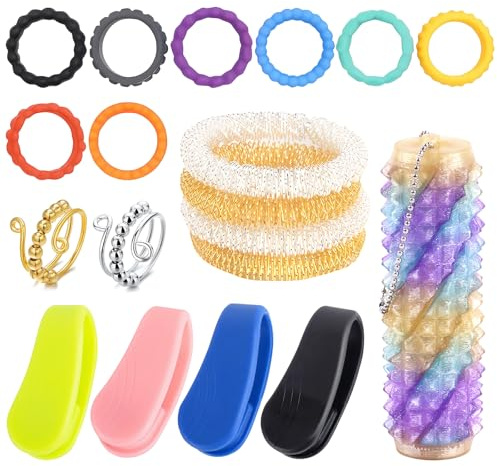 19 Pièces Fidget Toys Anti Stress, Fidget Tdah : 1 Balle De Massage, 4 Clips, 8 Anneaux Sensoriels, 2 Bague Anti Stress, 4 Masseurs De Poignet, Convient pour Soulager L'anxiété