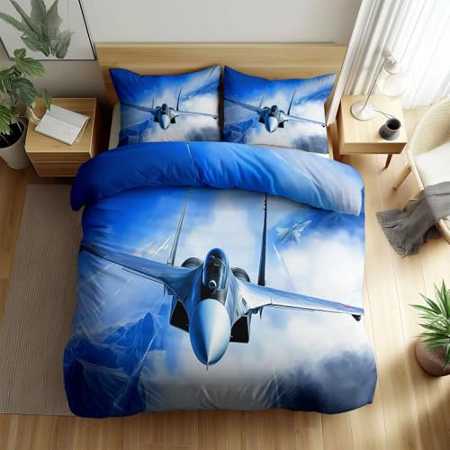 Blau Bettwäsche Set 135 x 200 cm Military Theme Mountains Fighter Jet Bettwäsche Set, Weich Atmungsaktiv Mikrofaser Allergien Vorbeugen Bettbezüge - 1 Bettbezüge und 1 Kissenbezüge 80 x 80 cm