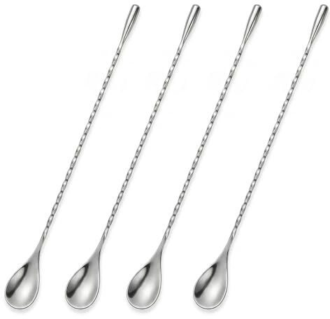 【Lot de 4】Cuillères à Cocktail Longues en Acier Inoxydable – Manche Spiralé, Cuillère à Mélanger pour Martini, Gin, Café, Bar et Mixologie