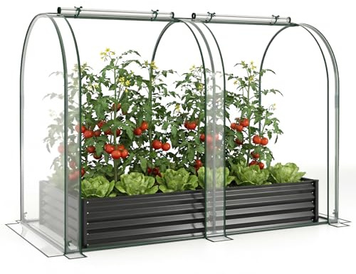 COSTWAY 3-i-1 upphöjd odlingsbädd i metall med växthus, folieväxthus med PVC-täckning och 2 fönster, drivbänk för örter, blommor och grönsaker, blomrabatt för balkong, trädgård, 180 x 100 x 145 cm