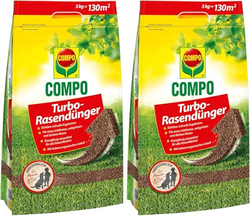 COMPO Turbo-Rasendünger - leistungsstarker Rasendünger für alle Rasenflächen - für schnelle Ergebnisse - 5 kg für 130 m² (Packung mit 2)