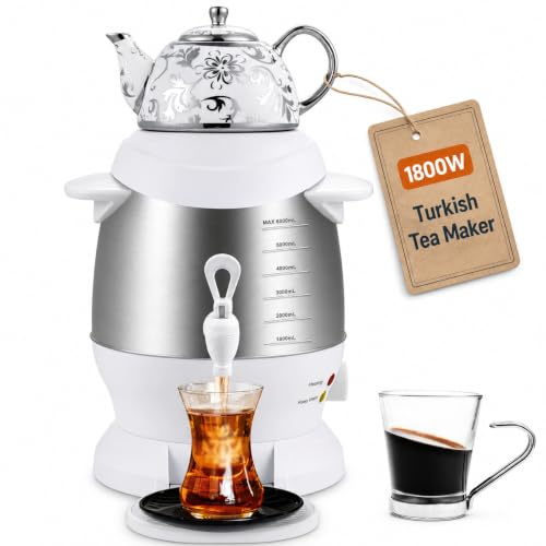 1800 W elektrisk turkisk tebryggare Samovar med 5 L rostfritt stål och 1 L keramisk tekanna, Håll varm funktion, för kaffe, doftande te white