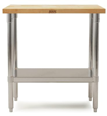 John Boos Maple Wood Top Work Table, 36”x24”x36” – 1.5” Thick Tabletop, 68-lb Kitchen Station with Wooden Edge-Grain Table & Steel Base, & Adjustable Shelf