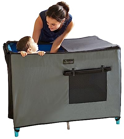 SnoozeShade Travel Cot Blackout Cover and Sleep Canopy Breathable Baby Mesh Blocks 94% of Light, Universal Fit for Holiday Cribs Nursery Mosquito Protection and Naps Away from Home