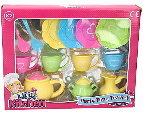 Atoz My Little Kitchen Party Time Tea Set, 15 Pieces, Colourful Plastic Tea Set with Teapot, Cups, Saucers and Spoons