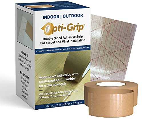 Optimum Technologies Double Sided Tape, Professional Heavy Duty Double Sided Tape, Lifetime Industrial Rug Tape for Area Rugs on Carpet, Patented Technology Made in U.S.A, 1.875in.x 75ft Opti-Grip