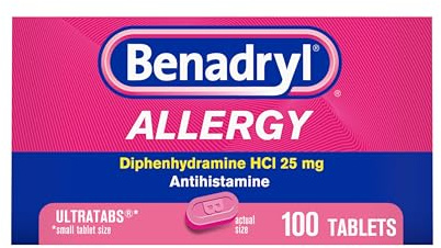 Benadryl Ultratabs Allergy Medicine, 25 mg Diphenhydramine HCl Antihistamine Tablets For Cold & Allergy Relief of Symptoms Like Sneezing, Runny Nose, Itchy Eyes & Throat, Hay Fever, 100 Count Tablets