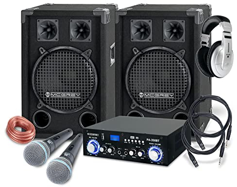 McGrey DJ Karaoke Set Completo PA Party-1200 (Casse, 2 x 400 Watt, Amplificatore Bluetooth, Amplificatore, Cavo per casse, Cuffie, Microfono, Morsetto, Riduttore filettato, Custodia, Cavo microfono)