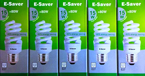 E-Saver - CFL Full Spiral - Energy Saving Light Bulbs -15w = 80 Watt - (Pack of 5) - 4200k Cool White Light Bulbs - Screw in Cap - Screw Edison (ES - E27 Bulb)