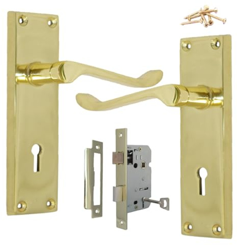 Discount Hardware UK Door Handle Sets, Victorian Scroll Brass Door Handles with Lock and Key, Bedroom Door Handle with Lock, External Door Lock and Handle Set with 3 Lever Door Lock with Keys