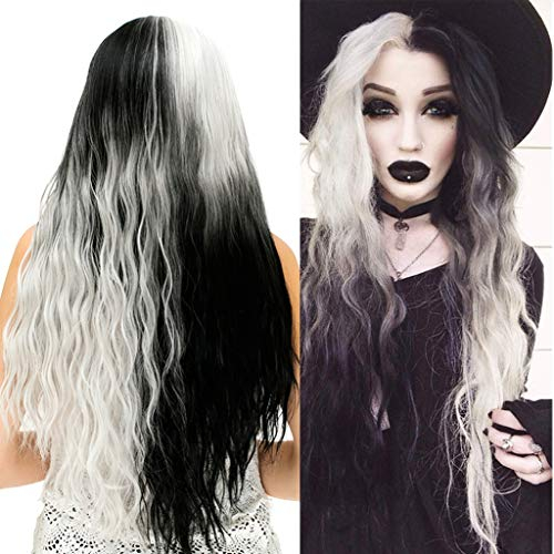 Damen Lange Schwarz Silber Grau Perücke, ATAYOU Halb Schwarz Halb Silber Grau Synthetische Perücke für Karneval Fasching Fastnacht Holloween Kostüm Damen