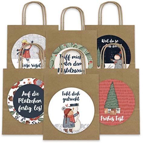 Papierdrachen Geschenktüten Weihnachten - 6 Stück - braun - inkl. XXL-Stickern mit Cozy Christmas Motiven - 22,5×18×8 cm - Henkeltüten Geschenkverpackung