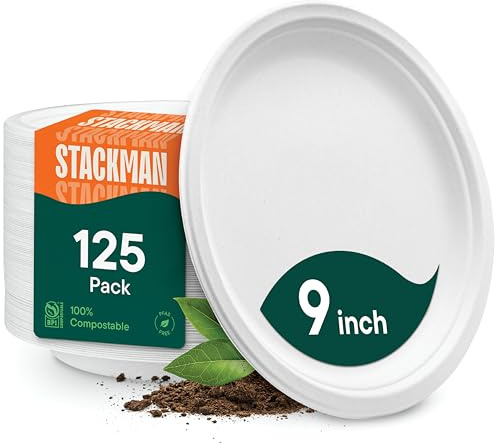 100% Compostable Paper Plates, Heavy Duty Disposable Plates [125-Pack] 9 Inch Plates - Eco-Friendly, Biodegradable Sugarcane Bagasse, Natural White 9 Sturdy Dinner Paper Plate Disposable