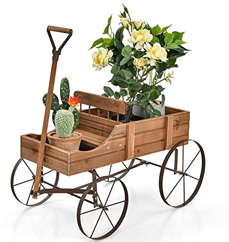 COSTWAY Garden Wagon Planter, Decorative Flower Pot Stand with Handle and Wheels, Wood Plants Holder Yard Tool Cart for Outdoor Indoor (Brown)